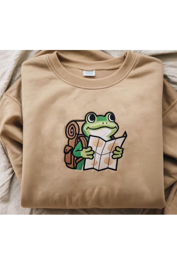 Embroidered Sweatshirt Adventure Frog with Map Cute Explorer Hiking Frog Pullover Gift for Nature Lovers, Nature Embroidered Sweatshirt