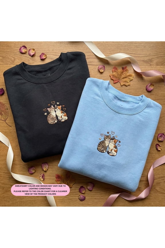 Embroidered Tabby Cat Sweatshirt, Cute Kitten Couple Sweater, Couple Matching Cat Lover Gift, Valentine's Day Pet Apparel