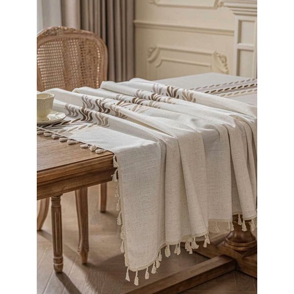 Embroidered Tassel Table Runner With Wheat Pattern, Beige, 140x240cm