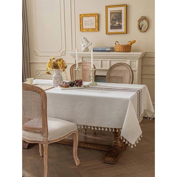Embroidered Tassel Tablecloth With Wheat Pattern, Beige, 140x200cm