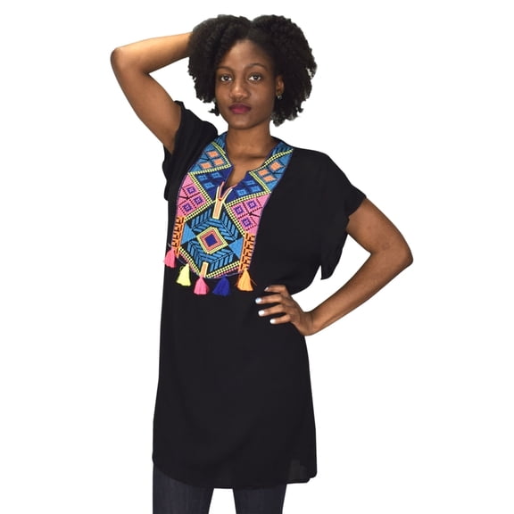 Embroidered Tasseled V Neck Summer Beach Cover Up Crepe Tunic Tops