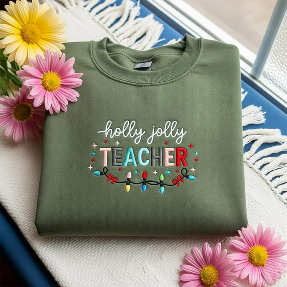 Embroidered Teacher Christmas Sweatshirt, Merry and Bright School Shirt, Holiday Teacher Gift, Cute Xmas Classroom Top