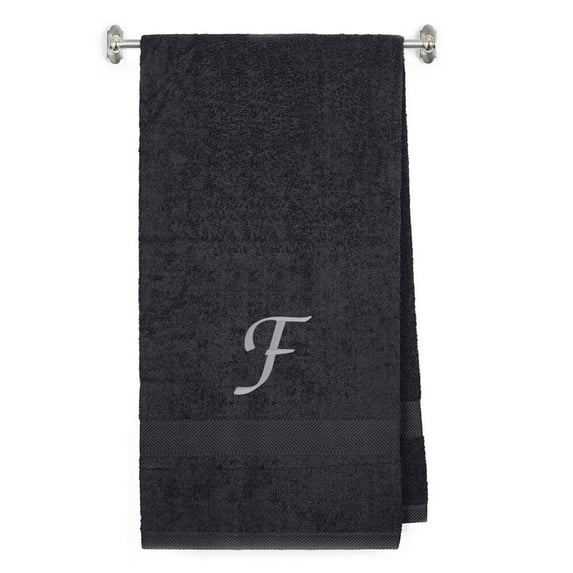Embroidered Terry Cotton Bath Towel for Bath, Shower, Cover up Towel for Swimming Pool, Fitness and Bath - 35 x 65 inches - Charcoal Color Towel - Silver Script Initial F