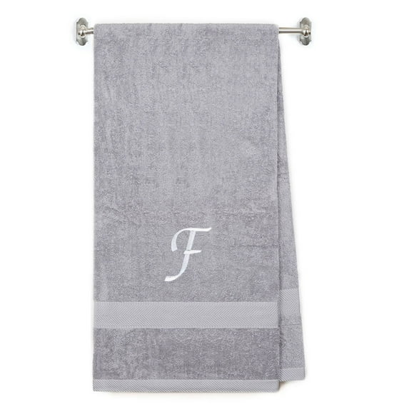 Embroidered Terry Cotton Bath Towel for Bath, Shower, Cover up Towel for Swimming Pool, Fitness and Bath - 35 x 65 inches - Silver Color Towel - White Script Initial F