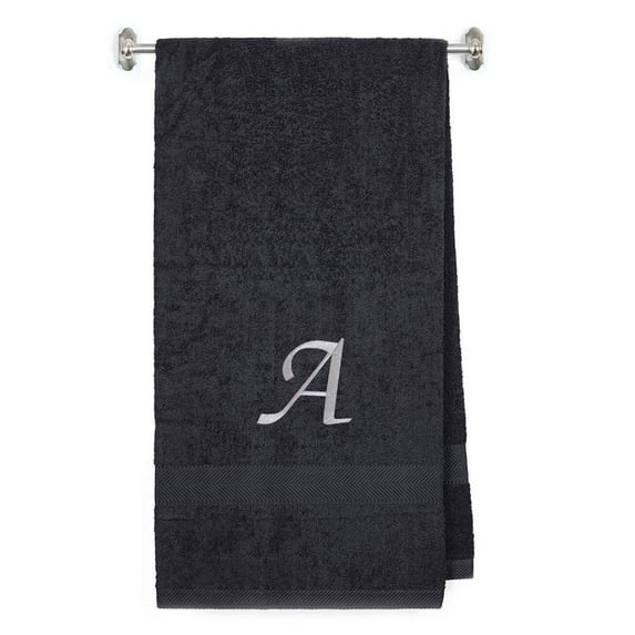 Embroidered Terry Cotton Bath Towel for Bath, Shower, Cover up Towel for Swimming Pool, Fitness and Beach - 35 x 65 inches - Charcoal Color Towel - Silver Script Initial A