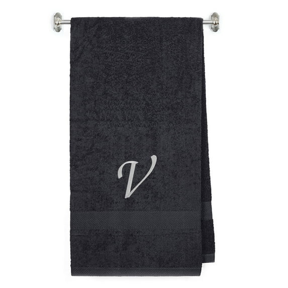 Embroidered Terry Cotton Bath Towel for Bath, Shower, Cover up Towel for Swimming Pool, Fitness and Beach - 35 x 65 inches - Charcoal Color Towel - Silver Script Initial V