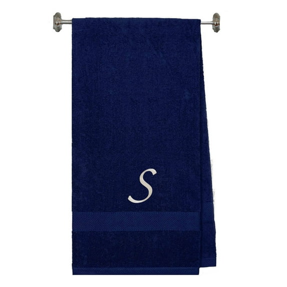 Embroidered Terry Cotton Bath Towel for Bath, Shower, Cover up Towel for Swimming Pool, Fitness and Beach - 35 x 65 inches - Navy Color Towel -Silver Script Initial S
