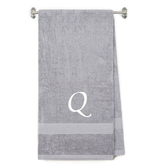 Embroidered Terry Cotton Bath Towel for Bath, Shower, Cover up Towel for Swimming Pool, Fitness and Beach - 35 x 65 inches - Silver Color Towel - White Script Initial Q