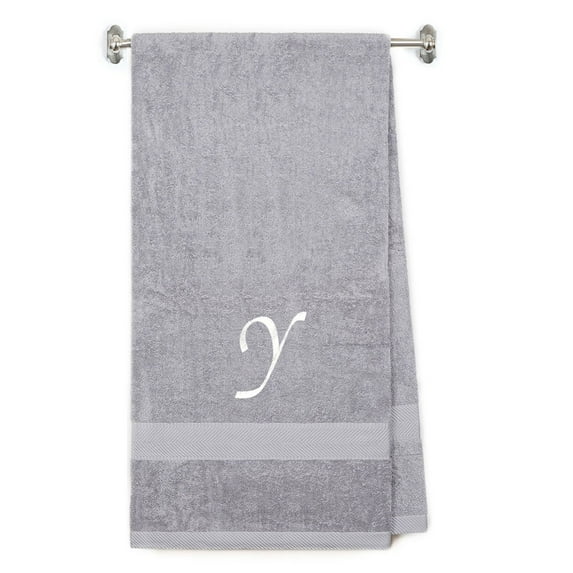 Embroidered Terry Cotton Bath Towel for Bath, Shower, Cover up Towel for Swimming Pool, Fitness and Beach - 35 x 65 inches - Silver Color Towel - White Script Initial Y