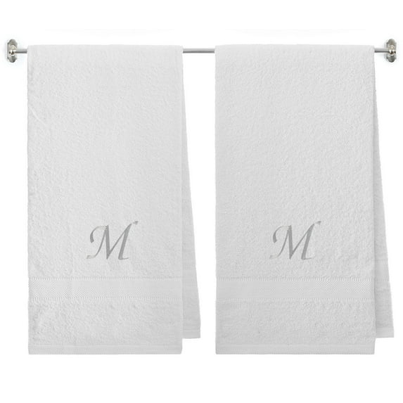 Embroidered Terry Cotton Bath Towel for Bath, Shower, Cover up Towel for Swimming Pool, Spa Fitness and Bath - 27 x 54 inches - 2-Pack - White Color Towel - Silver Script Initial M