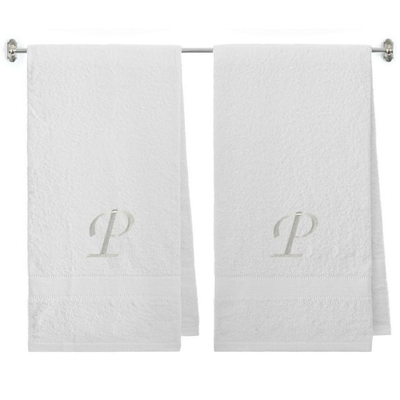 Embroidered Terry Cotton Bath Towel for Bath, Shower, Cover up Towel for Swimming Pool, Spa Fitness and Bath - 27 x 54 inches - 2-Pack - White Color Towel - Silver Script Initial P