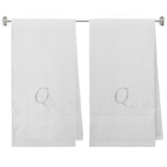Embroidered Terry Cotton Bath Towel for Bath, Shower, Cover up Towel for Swimming Pool, Spa Fitness and Bath - 27 x 54 inches - 2-Pack - White Color Towel - Silver Script Initial Q
