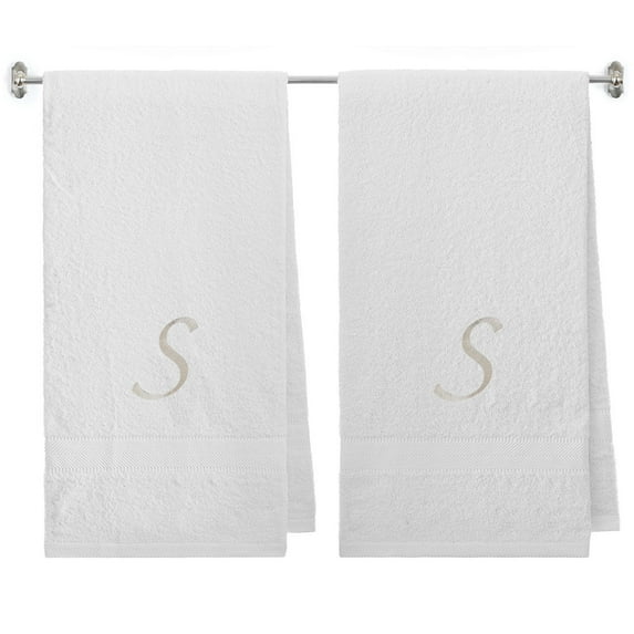 Embroidered Terry Cotton Bath Towel for Bath, Shower, Cover up Towel for Swimming Pool, Spa Fitness and Bath - 27 x 54 inches - 2-Pack - White Color Towel - Silver Script Initial S