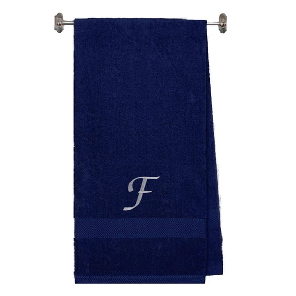 Embroidered Terry Cotton Bath Towel for Bath, Shower, Cover up Towel for Swimming Pool, Fitness and Bath - 35 x 65 inches - Navy Color Towel -Silver Script Initial F