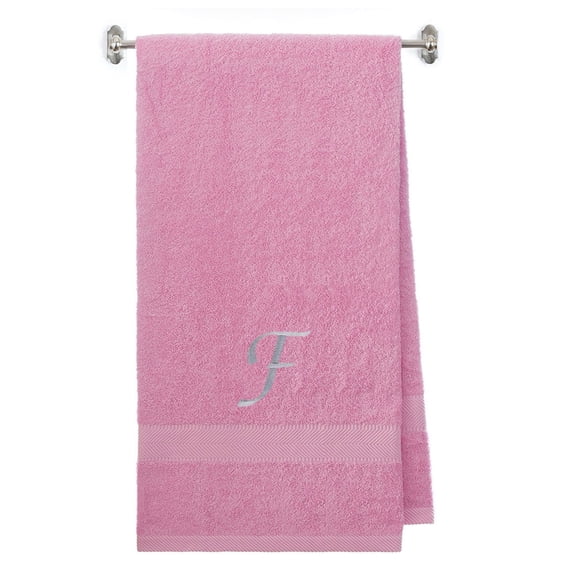 Embroidered Terry Cotton Bath Towel for Bath, Shower, Cover up Towel for Swimming Pool, Fitness and Bath - 35 x 65 inches - Pink Color Towel - Silver Script Initial F