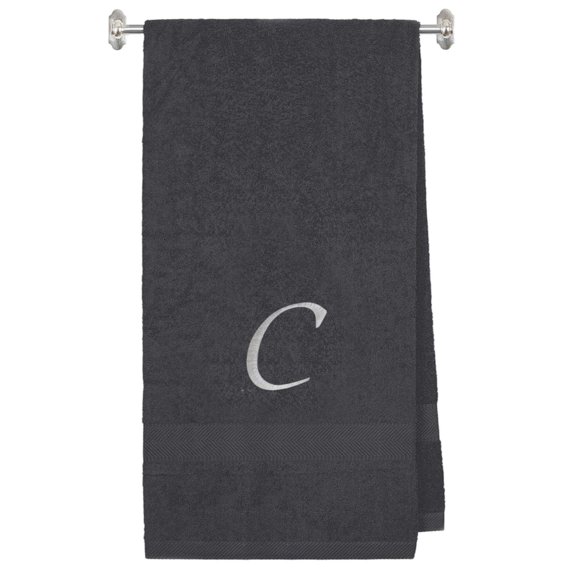 Embroidered Bath Sheet Oversized, Monogram Initial C, Cotton, Charcoal