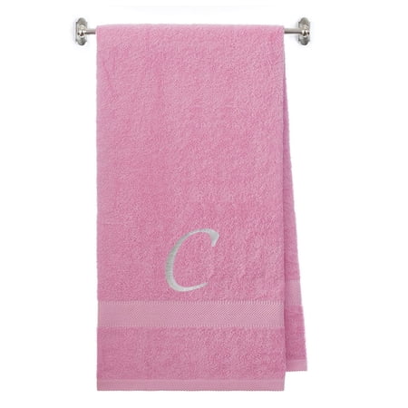 Embroidered Terry Cotton Bath Towel for Bath, Shower, Cover up Towel for Swimming Pool, Fitness and Beach - 35 x 65 inches - Pink Color Towel - Silver Script Initial C