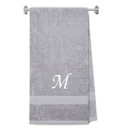 Embroidered Terry Cotton Bath Towel for Bath, Shower, Cover up Towel for Swimming Pool, Fitness and Beach - 35 x 65 inches - Silver Color Towel - White Script Initial M