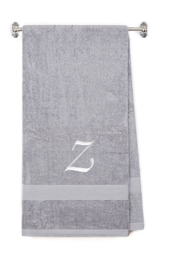Embroidered Terry Cotton Bath Towel for Bath, Shower, Cover up Towel for Swimming Pool, Fitness and Beach - 35 x 65 inches - Silver Color Towel - White Script Initial Z
