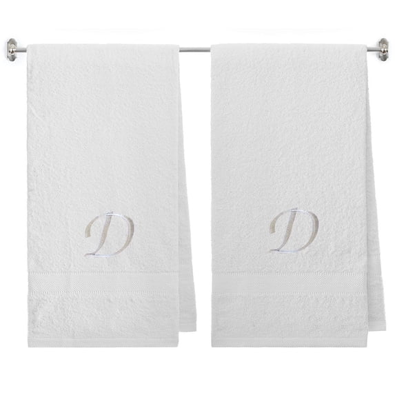 Embroidered Terry Cotton Bath Towel for Bath, Shower, Cover up Towel for Swimming Pool, Spa Fitness and Bath - 27 x 54 inches - 2-Pack - White Color Towel - Silver Script Initial D