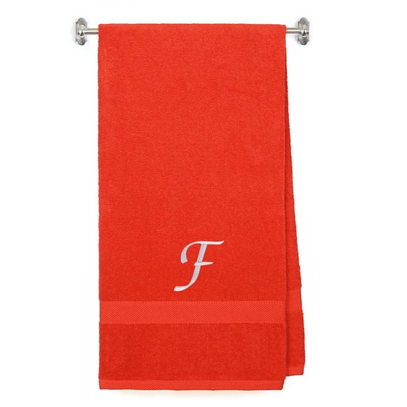 Embroidered Terry Cotton Bath Towel for Bath, Shower - Personalized Gift - Cover up Towel for Swimming Pool, Fitness and Bath - 35 x 65 inches - Red Color Towel - Silver Script Initial F