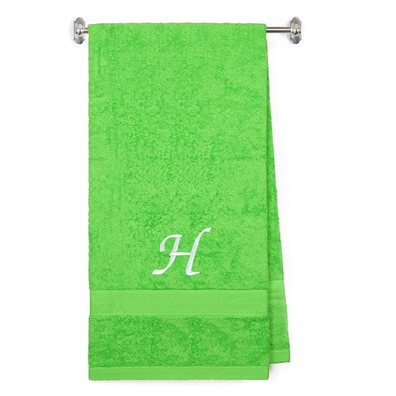 Embroidered Terry Cotton Bath Towel for Bath, Shower - Personalized Gift - Cover up Towel for Swimming Pool, Fitness and Beach - 35 x 65 inches - Lime Color Towel - Silver Script Initial H