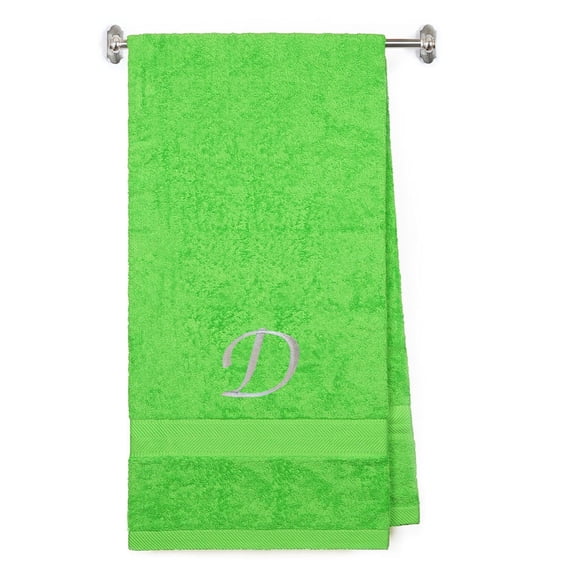 Embroidered Terry Cotton Bath Towel for Bath, Shower - Personalized Gift - Cover up Towel for Swimming Pool, Fitness and Beach - 35 x 65 inches - Lime Color Towel - Silver Script Initial D