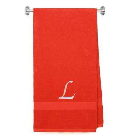 Embroidered Terry Cotton Bath Towel for Bath, Shower - Personalized Gift - Cover up Towel for Swimming Pool, Fitness and Beach - 35 x 65 inches - Red Color Towel - Silver Script Initial L