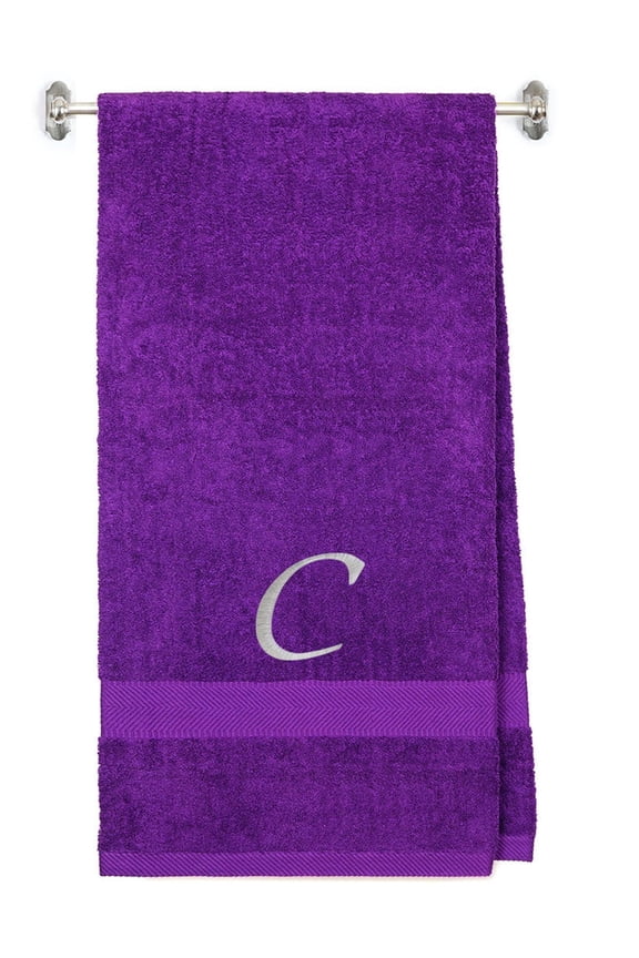 Embroidered Terry Cotton Bath Towel for Bath, Shower - Personalized Gift - Cover up Towel for Swimming Pool, Spa, Fitness and Beach - Purple Color Towel - Silver Script Initial C