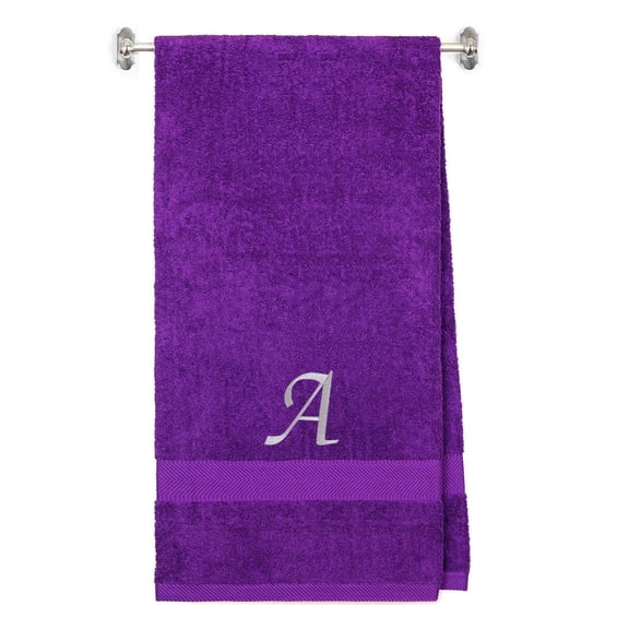 Embroidered Terry Cotton Bath Towel for Bath, Shower - Personalized Gift - Cover up Towel for Swimming Pool, Spa, Fitness and Beach - Purple Color Towel - Silver Script Initial A