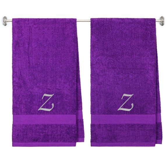 Embroidered Terry Cotton Bath Towel for All Family - Water Absorbent Plush Cotton Towels - Personalized Gift - 27 x 54 inches Purple Color Towel - 2-Pack - Silver Script Initial Z