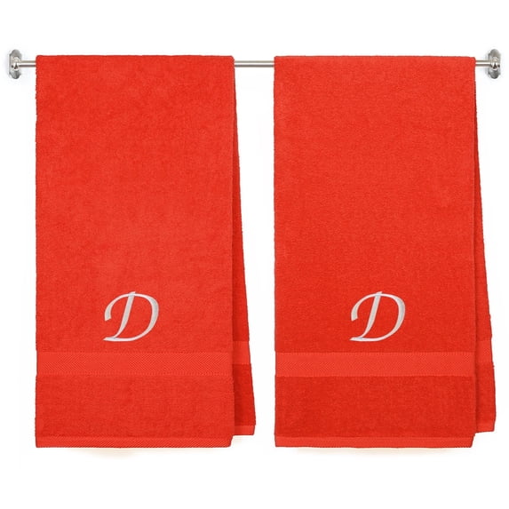 Embroidered Terry Cotton Bath Towel for Men, Women, Girl, Boys and all Family - Personalized Gift -27 x 54 inches - 2-Pack - Red Color Towel - Silver Script Initial D