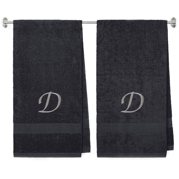 Embroidered Terry Cotton Bath Towel for Bath, Shower - 27 x 54 inches - 2-Pack - Charcoal Color Towel - Silver Script Initial C