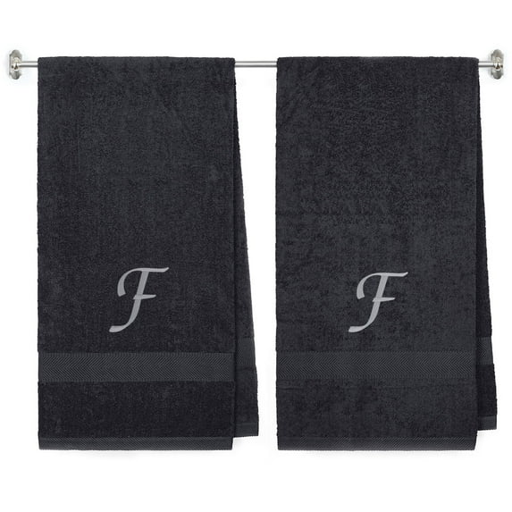 Embroidered Terry Cotton Bath Towel for Bath, Shower - 27 x 54 inches - 2-Pack - Charcoal Color Towel - Silver Script Initial F