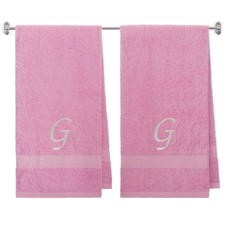 Embroidered Terry Cotton Bath Towel for Bath, Shower - 27 x 54 inches - 2-Pack - Pink Color Towel - Silver Script Initial G