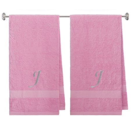 Embroidered Terry Cotton Bath Towel for Bath, Shower - 27 x 54 inches - 2-Pack - Pink Color Towel - Silver Script Initial J