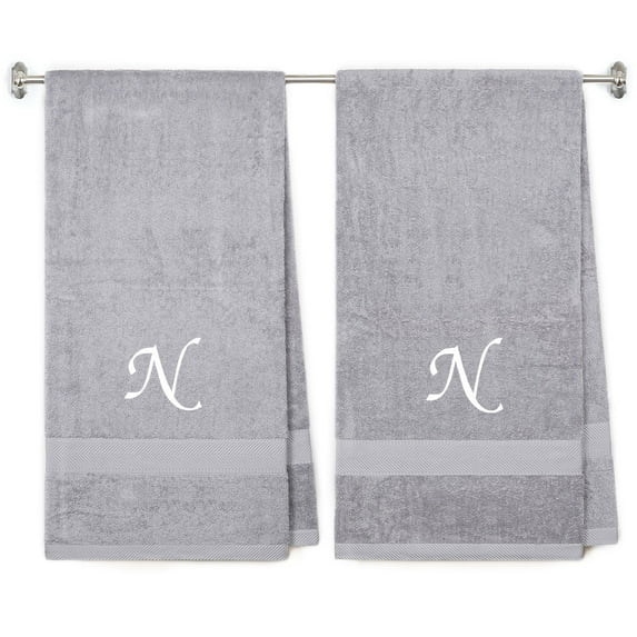Embroidered Terry Cotton Bath Towel for Bath, Shower - 27 x 54 inches - 2-Pack - Silver Color Towel - White Script Initial B