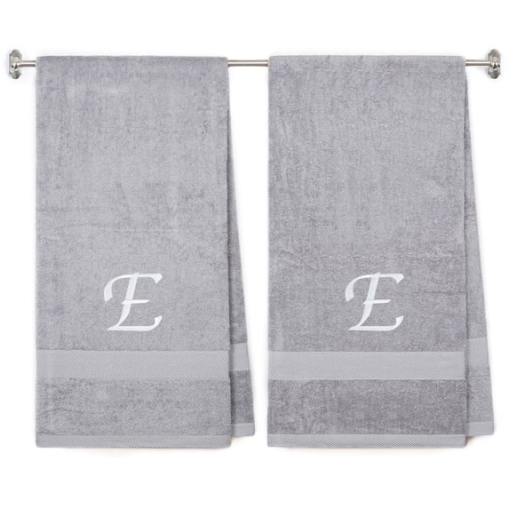 Embroidered Terry Cotton Bath Towel for Bath, Shower - 27 x 54 inches - 2-Pack - Silver Color Towel - White Script Initial E