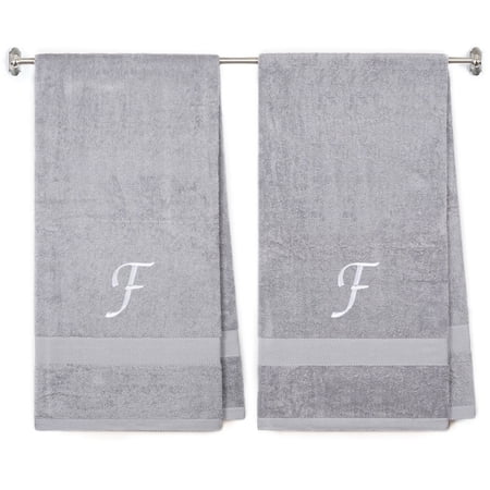 Embroidered Terry Cotton Bath Towel for Bath, Shower - 27 x 54 inches - 2-Pack - Silver Color Towel - White Script Initial F