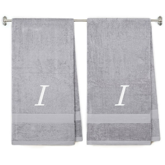 Embroidered Terry Cotton Bath Towel for Bath, Shower - 27 x 54 inches - 2-Pack - Silver Color Towel - White Script Initial I