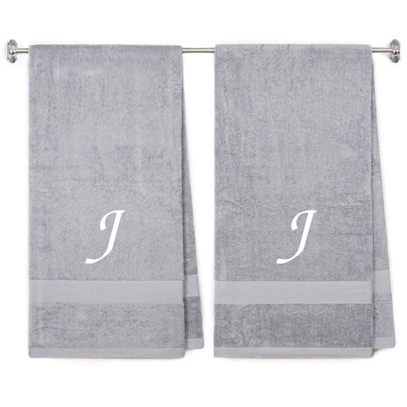 Embroidered Terry Cotton Bath Towel for Bath, Shower - 27 x 54 inches - 2-Pack - Silver Color Towel - White Script Initial J