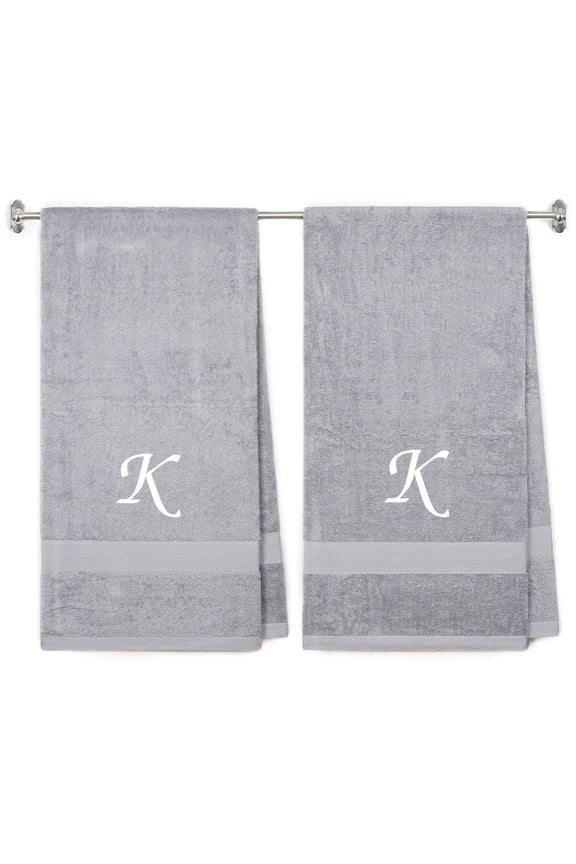 Embroidered Terry Cotton Bath Towel for Bath, Shower - 27 x 54 inches - 2-Pack - Silver Color Towel - White Script Initial K