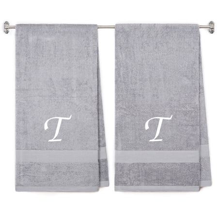 Embroidered Terry Cotton Bath Towel for Bath, Shower - 27 x 54 inches - 2-Pack - Silver Color Towel - White Script Initial T