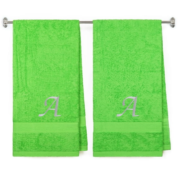 Embroidered Terry Cotton Bath Towel for Bath, Shower - Personalized Gift - 27 x 54 inches - 2-Pack - Lime Color Towel - Silver Script Initial A