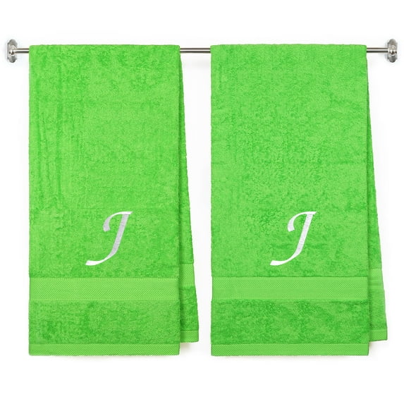 Embroidered Terry Cotton Bath Towel for Bath, Shower - Personalized Gift -27 x 54 inches - 2-Pack - Lime Color Towel - Silver Script Initial J