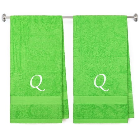 Embroidered Terry Cotton Bath Towel for Bath, Shower - Personalized Gift -27 x 54 inches - 2-Pack - Lime Color Towel - Silver Script Initial Q