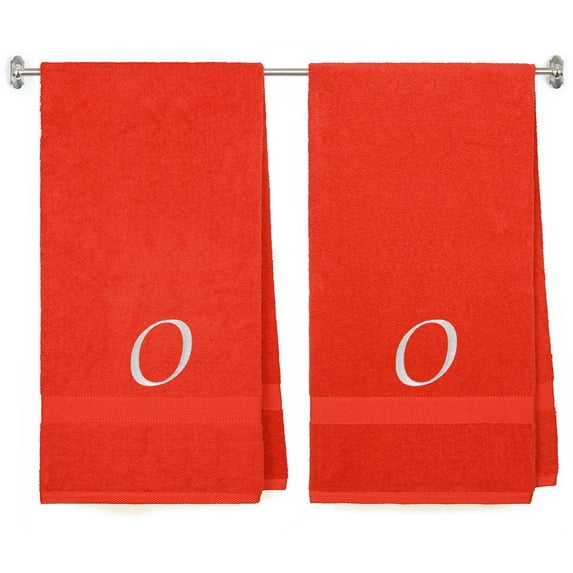 Embroidered Terry Cotton Bath Towel for Bath, Shower - Personalized Gift -27 x 54 inches - 2-Pack - Red Color Towel - Silver Script Initial O