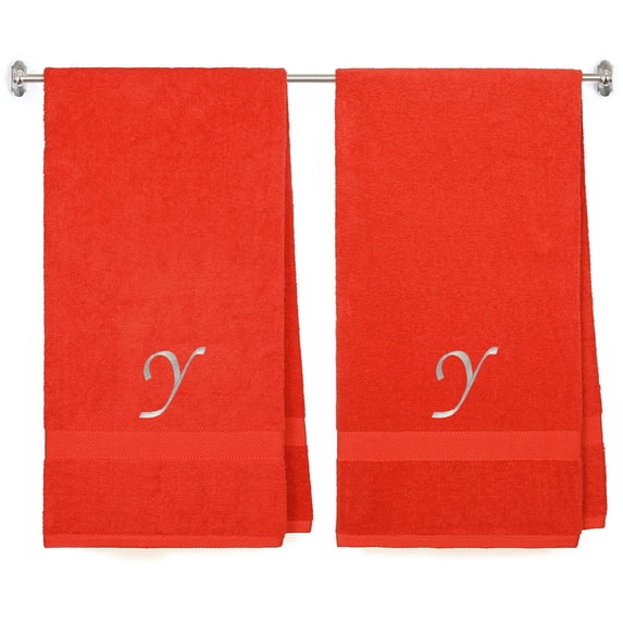 Embroidered Terry Cotton Bath Towel for Bath, Shower - Personalized Gift -27 x 54 inches - 2-Pack - Red Color Towel - Silver Script Initial Y