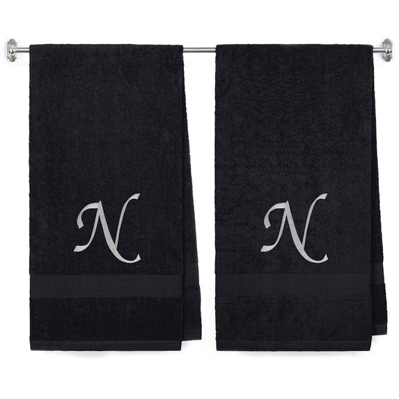 Embroidered Terry Cotton Bath Towel for Bath, Shower - Personalized Gift - Black Color Towel - Silver Script Initial B