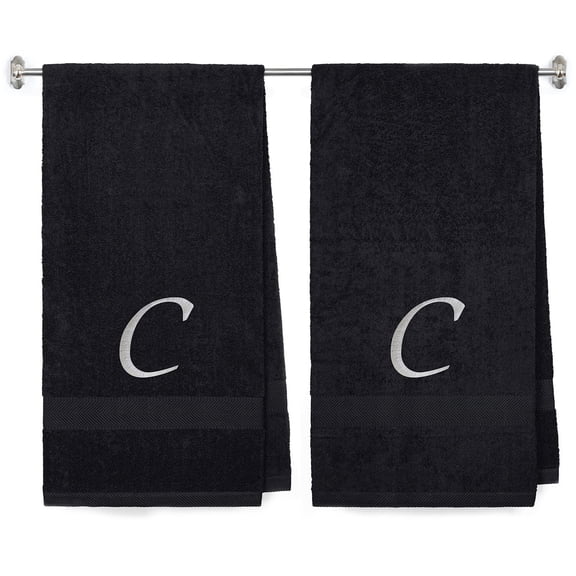Embroidered Terry Cotton Bath Towel for Bath, Shower - Personalized Gift - Black Color Towel - Silver Script Initial C